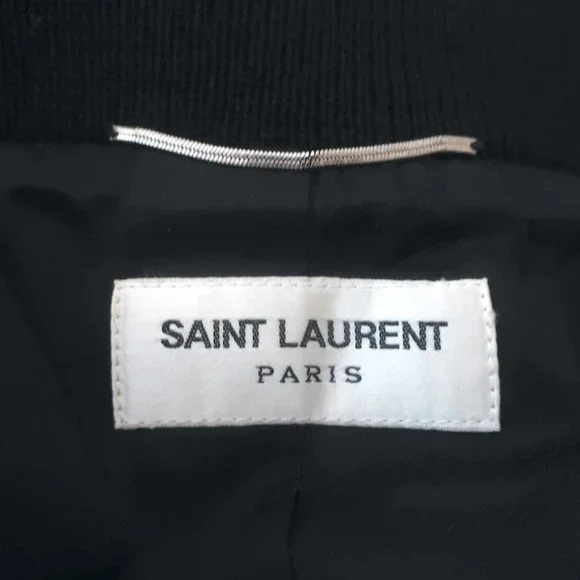 Saint Laurent Teddy Bomber Jacket Navy/Black Leather-Trimmed Wool Size 52 - Picture 4 of 7